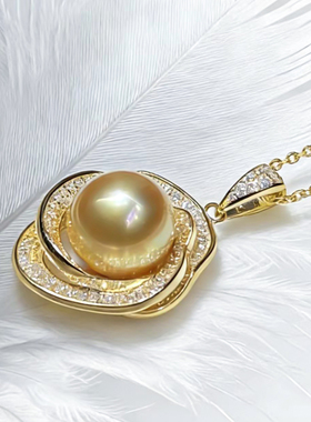 天然海水南洋金珠小香风山茶花吊坠项链女轻奢高级感金色锁骨链