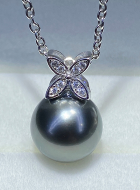 大溪地黑珍珠吊坠项链海水正圆极强光微瑕925银蝴蝶款超级性价比