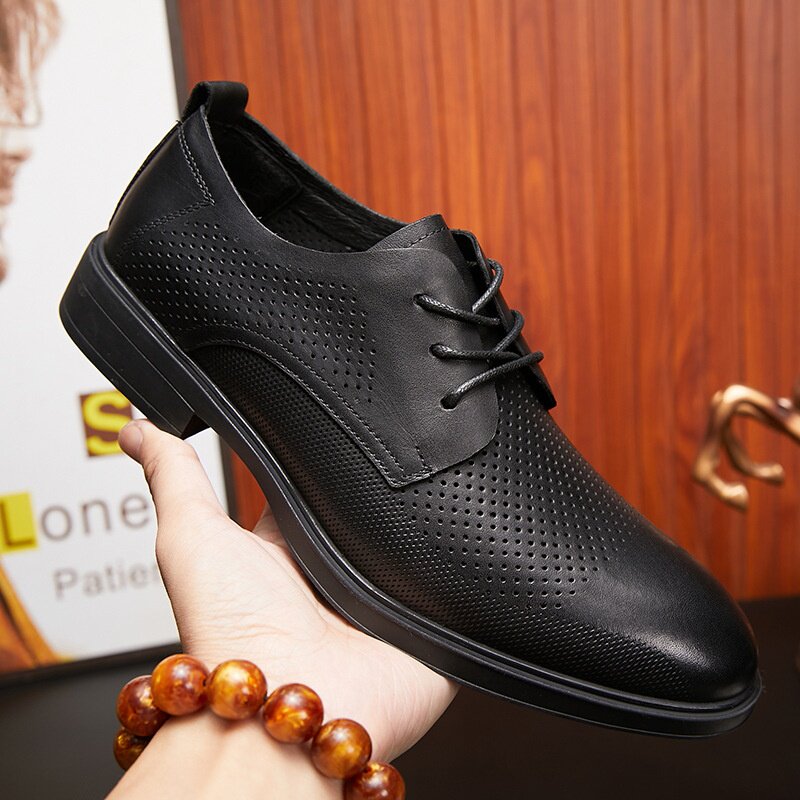 热销2026春夏男士镂空商务皮鞋透气舒适真皮冲孔男鞋子工作鞋