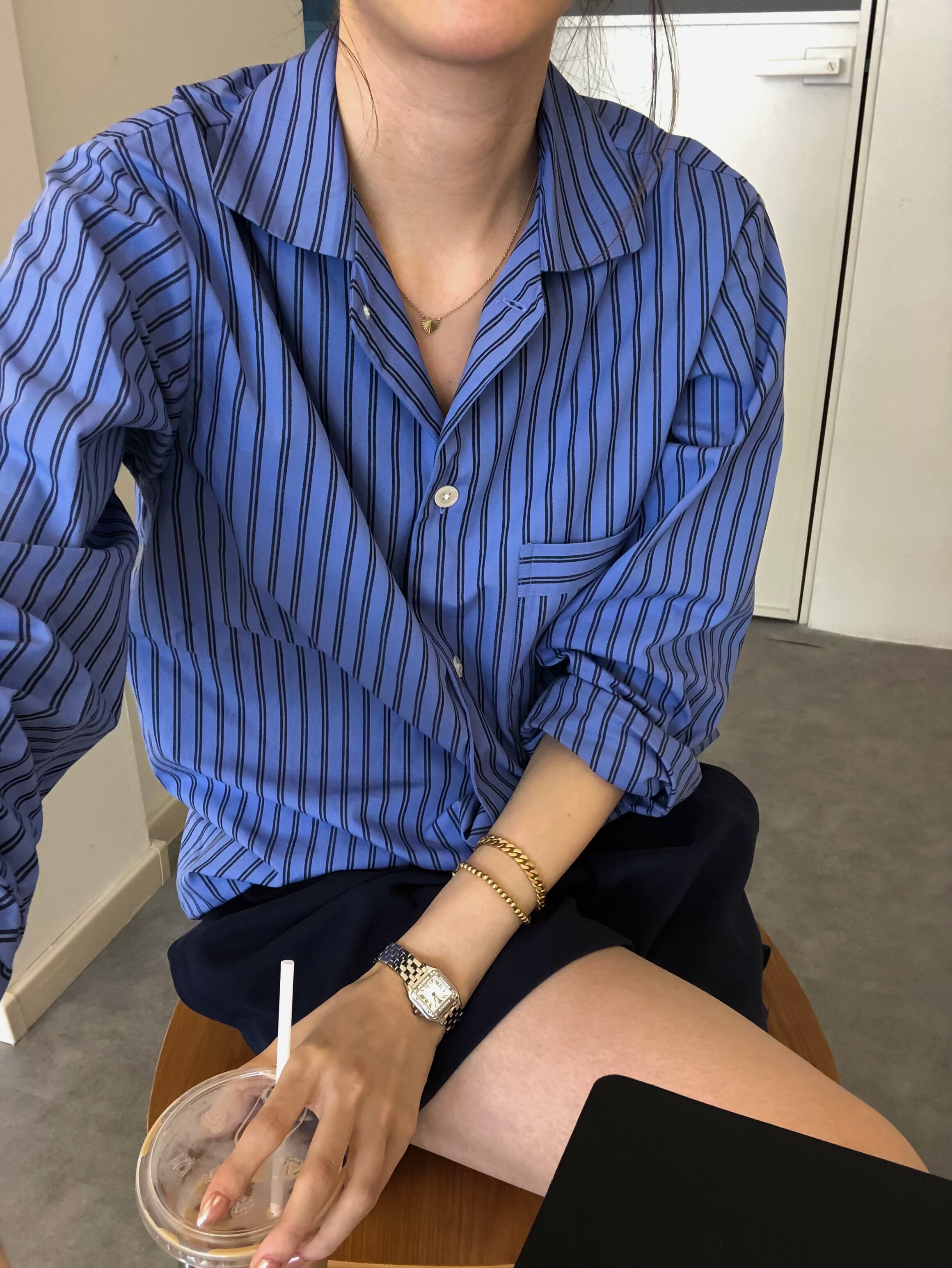 实拍！原单 瑞典小众牌 纯棉100% 条纹口袋蓝衬衫 女款衬衫 轻薄