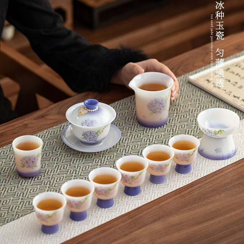 手绘紫藤花茶具套装冰种玉瓷盖碗