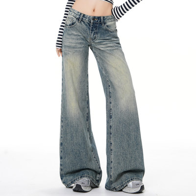 复古水洗做旧宽松低腰微喇牛仔裤