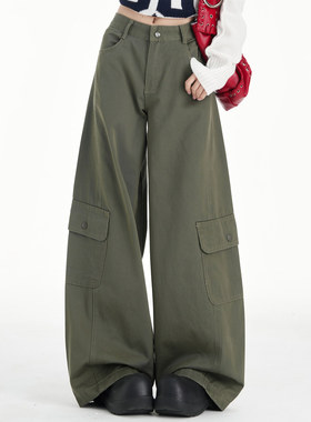 军绿色美式辣妹工装牛仔裤女2025秋冬新款宽松慵懒垂感阔腿拖地裤