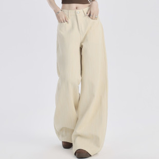 杏色阔腿休闲裤女2025春秋新款小众竖条肌理感百搭宽松直筒拖地裤