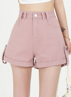 紫色牛仔短裤女夏季2025年新款显瘦百搭小个子辣妹卷边a字热裤子