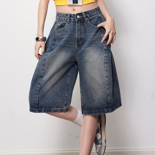 高腰宽松阔腿休闲百搭中裤 女春夏新款 子 做旧五分牛仔裤 复古蓝美式