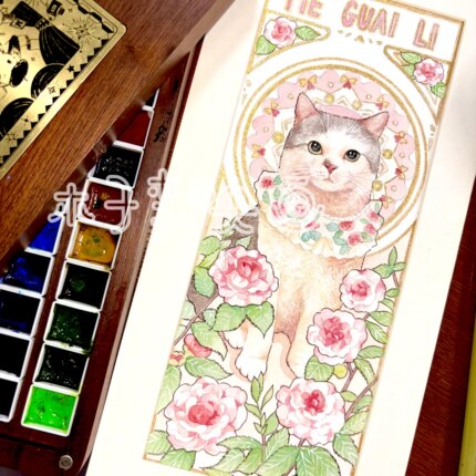 手绘穆夏水彩猫猫狗狗宠物人物肖像生日礼物定制萌宠纯手绘定制