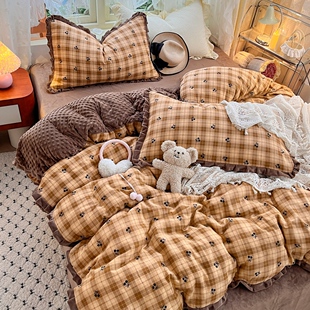 2025新款双层纱全棉加绒四件套纯棉豆豆绒床笠款母婴保暖加厚冬季