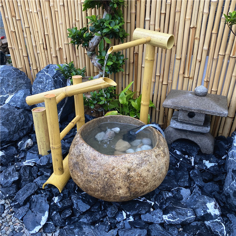 日式流水石钵庭院造景花园水景观惊鹿黑山石水钵摆件天然石头花盆