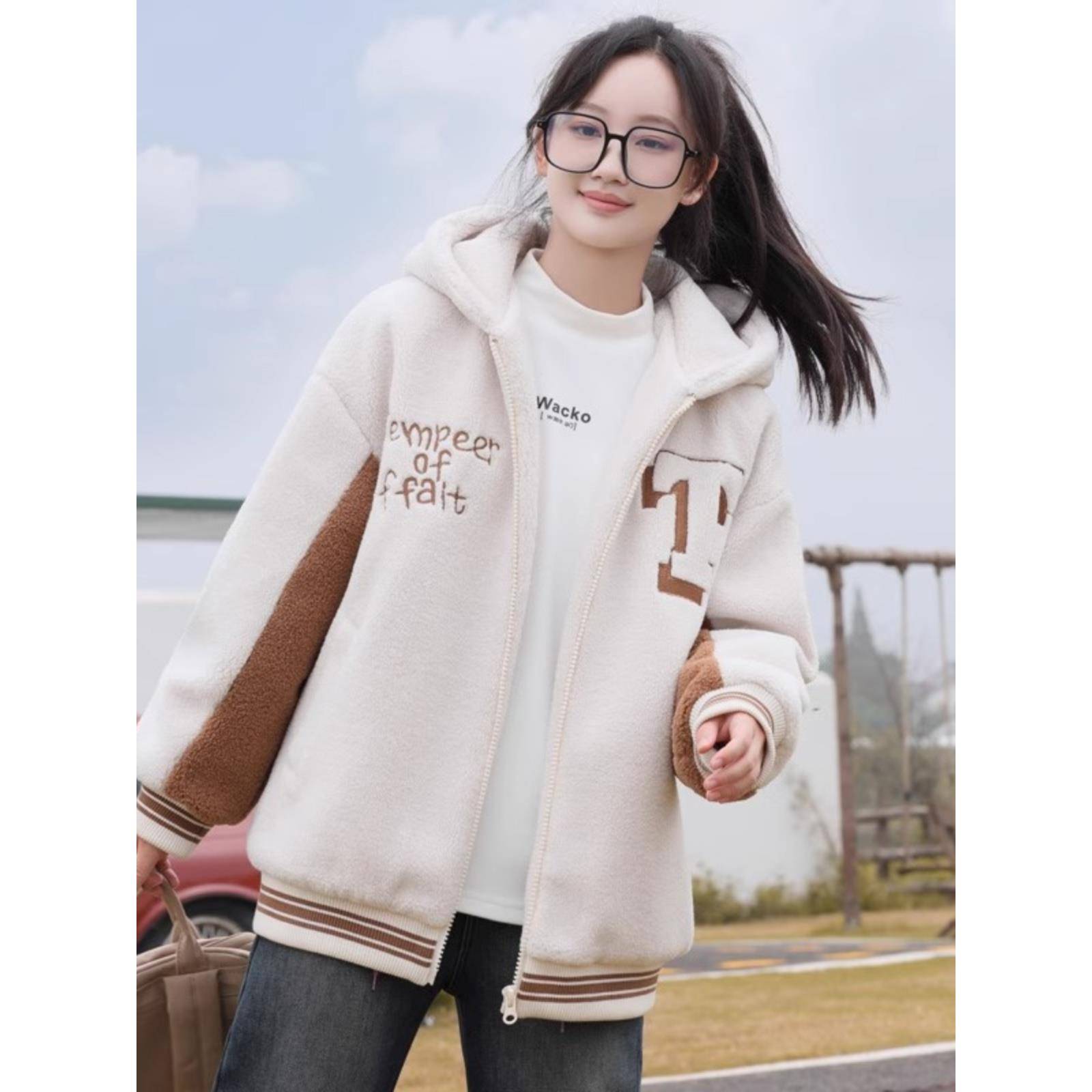 羊羔毛外套棉服少女秋冬装大童加厚拉链上衣初中高中学生可爱棉衣