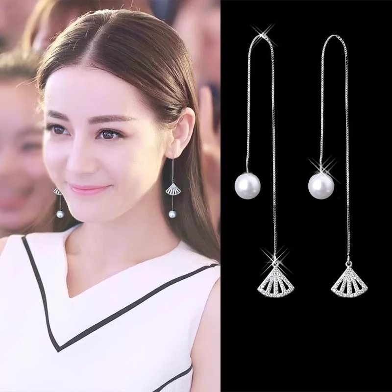 长款流苏耳线女简约百搭时尚几何扇形S925镀银针耳环网红耳饰气质