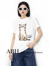 短袖 女上衣 ABH强捻精梳新疆长绒棉猫咪印花T恤新款