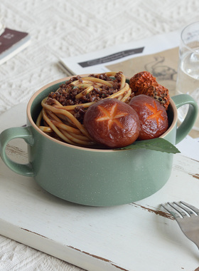 『绿色双耳碗』复古风陶瓷面碗家用早餐碗高颜值泡面碗汤碗沙拉碗