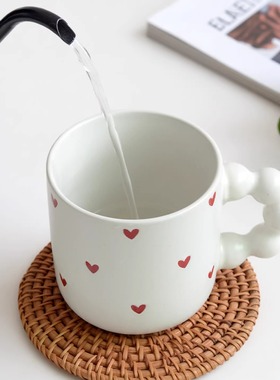 『可爱浪漫』小爱心白色马克杯少女心圆环把手陶瓷咖啡杯女生家用