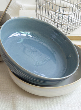 『个性做旧』高颜值陶瓷碗家用汤碗沙拉碗不规则餐具浅碗牛仔蓝色