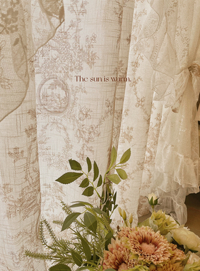 法式复古蕾丝双层窗帘洛可可纱帘奶茶色飘窗卧室布纱一体白色纱幔