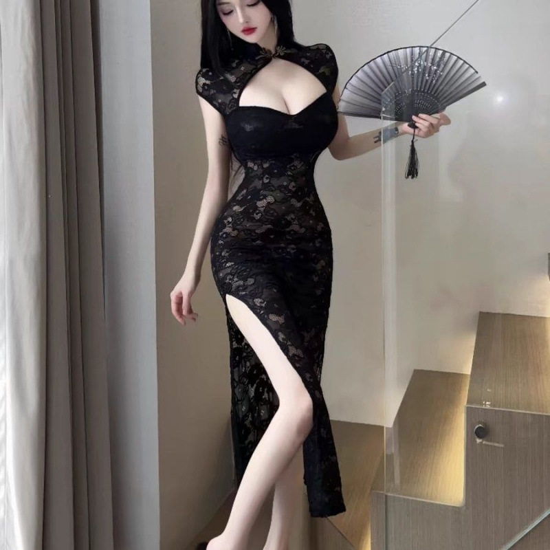 300斤大码微胖mm性感辣妹黑色玫瑰提花蕾丝镂空开叉旗袍连衣裙女