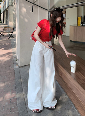弄格白色牛仔裤女2025夏季新品宽松垂感阔腿裤高腰显瘦拖地裤子