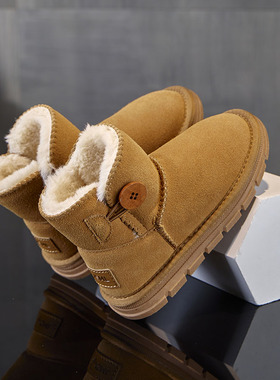 3352童真皮雪地靴男宝女宝冬季新款一粒扣短棉靴加绒加厚保暖棉靴