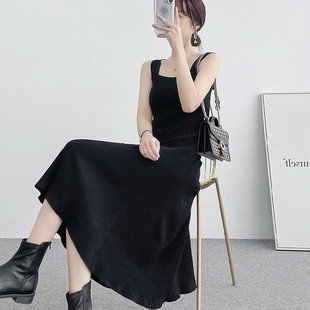 吊帶連衣裙女一字領(lǐng)無袖 2021春秋新款 針織背心裙黑色內(nèi)搭打底長裙