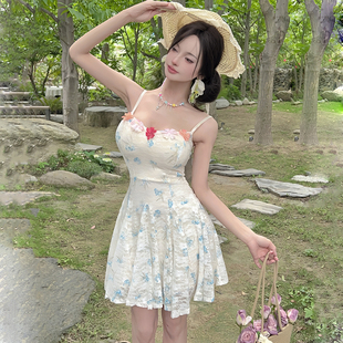 网纱蕾丝小个子纯欲短裙子 实拍甜美感晕染吊带碎花连衣裙女夏季