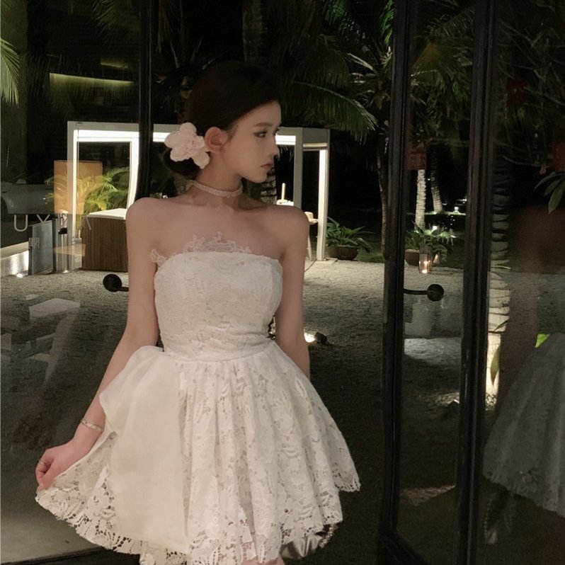 实价实拍古典芭蕾 抹胸收腰礼服短裙纯欲白色蕾丝连衣裙