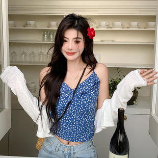 大码 甜美风蓝色碎花吊带夏设计感显瘦遮副乳内搭背心上衣 女装 法式