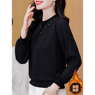 黑色蕾丝打底衫女士春秋冬季2025年新款洋气大码加绒加厚内搭上衣