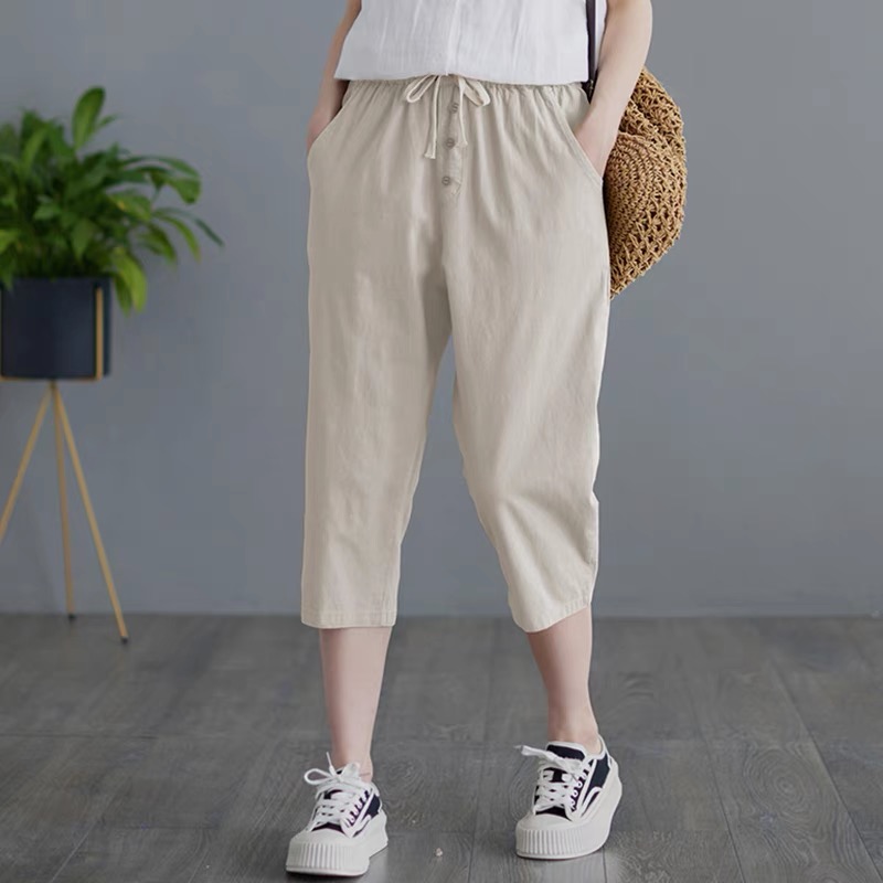亚麻休闲裤女春夏2025新款文艺复古系带松紧腰薄款七分裤哈伦裤子