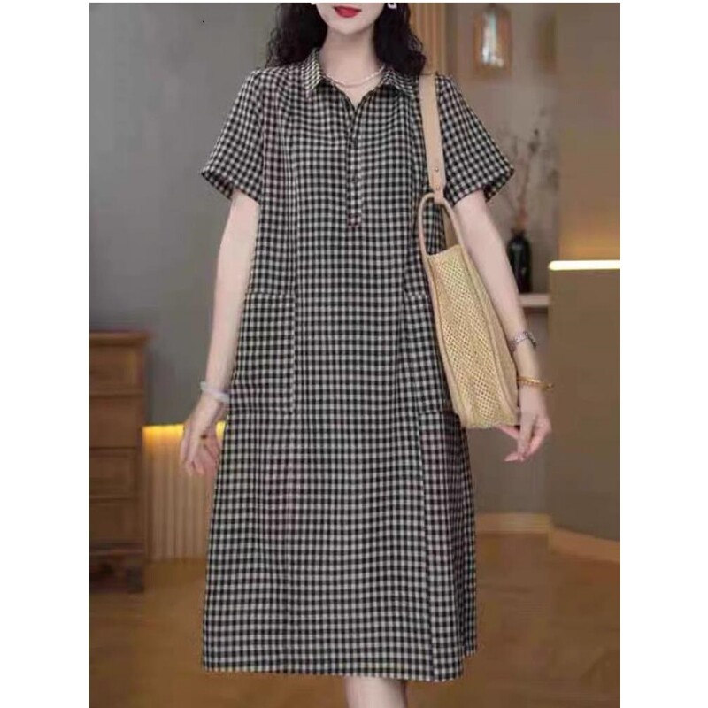 妈妈宽松格子衬衫领棉麻连衣裙女士夏季2026新款高端休闲亚麻裙子