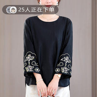 t恤春夏季 新款 宽松雪纺衬衫 新中式 国风小衫 长袖 薄款 刺绣上衣女装