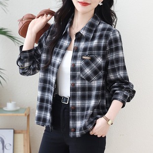 磨毛纯棉格子衬衫女2026年秋季款长袖格子女士衬衫外套短款小个子