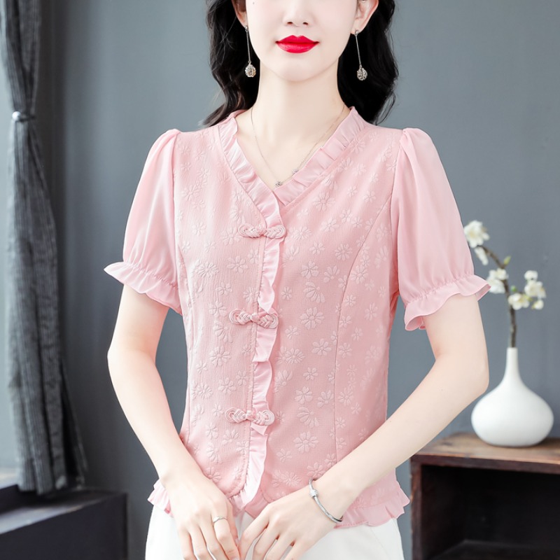 气质短袖棉麻衬衫女夏季2025年新款中年妈妈短款减龄显瘦小衫上衣