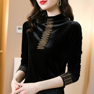 春秋冬洋气烫钻内搭半高领长袖T恤金丝绒上衣女士加绒加厚打底衫