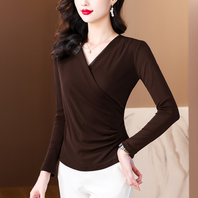 红色交叉v领长袖t恤女秋