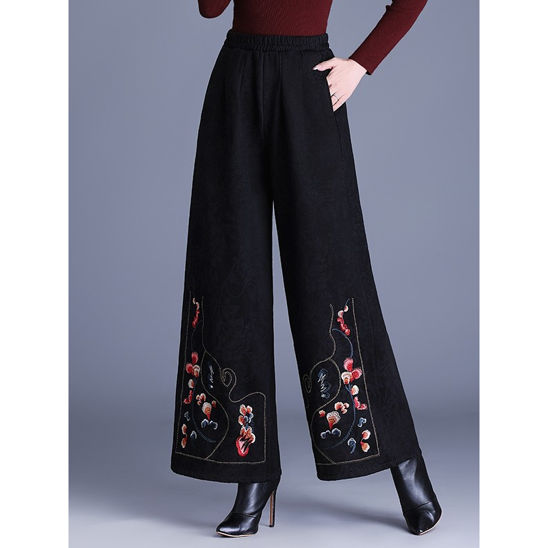 民族风刺绣提花加绒阔腿裤