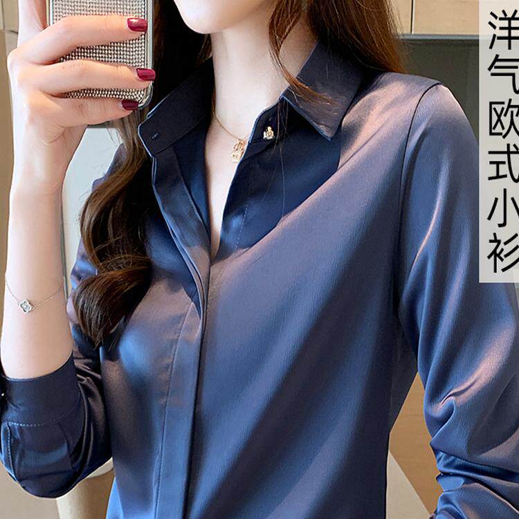 职业正装缎面白衬衫女春秋时尚洋气高级感气质女神范长袖衬衣抗皱
