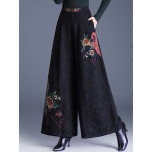 民族风刺绣提花阔腿裤女士秋冬新款高腰宽松休闲裤国风气质长裤子