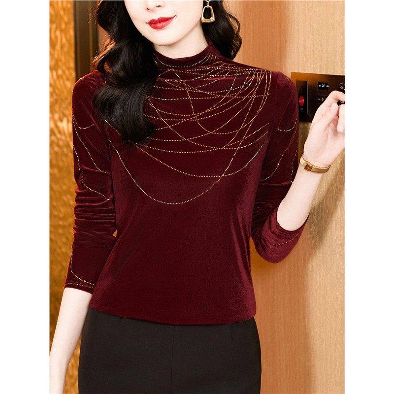 时尚烫钻半高领金丝绒打底衫女春装百搭显瘦长袖T恤洋气妈妈上衣,女装/女士精品,蕾丝衫/雪纺衫,淘宝优惠券,粉丝福利购,淘宝优惠卷
