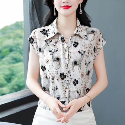 时尚印花短袖雪纺衬衫女夏装新款