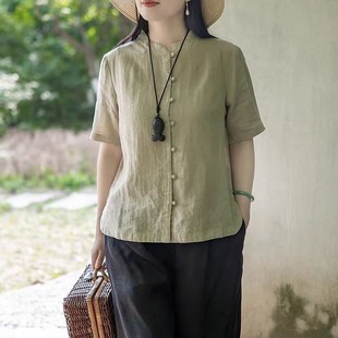 复古棉麻短袖 女2024夏季 新中式 衬衫 上衣 新款 宽松简约休闲苎麻开衫