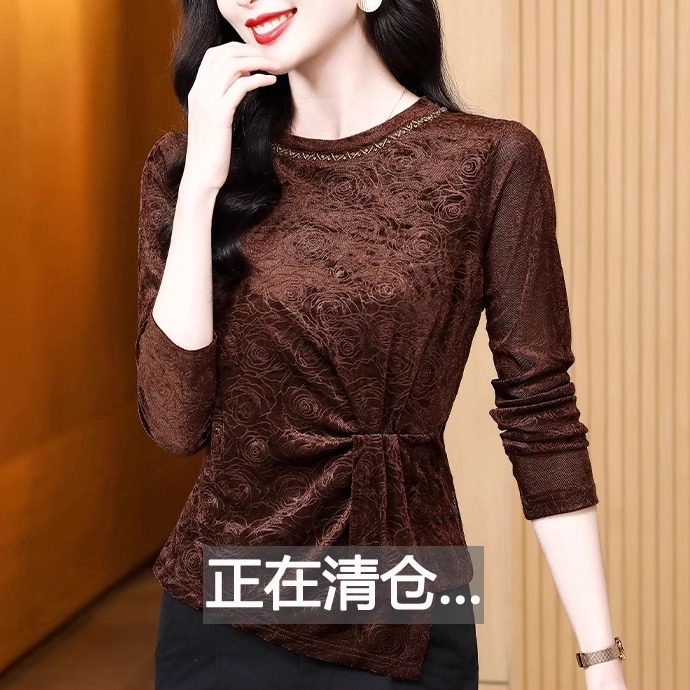 金丝绒t恤女士收腰打底小衫长袖春秋新款妈妈装不规则设计感上衣