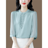 减龄木耳边立领妈妈中袖 女装 刺绣桑蚕上衣 夏新款 纯色重磅真丝衬衫