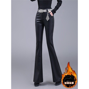 黑色哑光pu皮裤女2026秋冬季新款加绒保暖微喇裤高腰紧身马蹄长裤