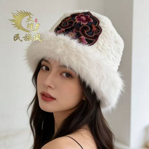 民族秋冬新款加厚刺绣渔夫帽冬季保暖毛绒盆帽帽子蒙古百搭护耳