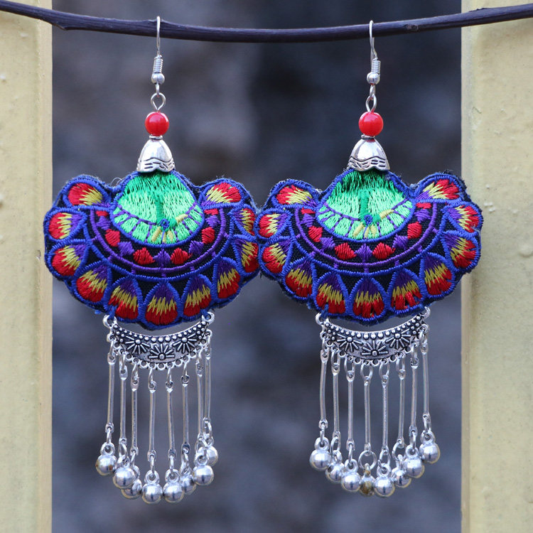 复古中国风刺绣耳饰女百搭网红双面国潮孔雀绣花苗银长款流苏耳环