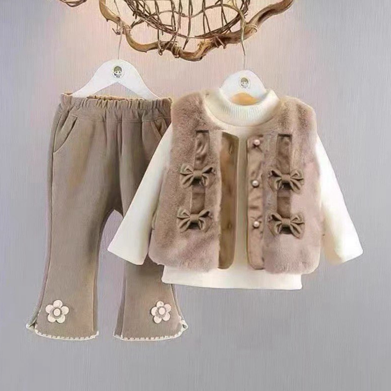 婴儿衣服秋冬女童加绒保暖三件套可爱洋气潮款套装0一1岁宝宝冬装