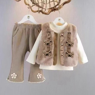 婴儿衣服秋冬女童加绒保暖三件套可爱洋气潮款套装0一1岁宝宝冬装