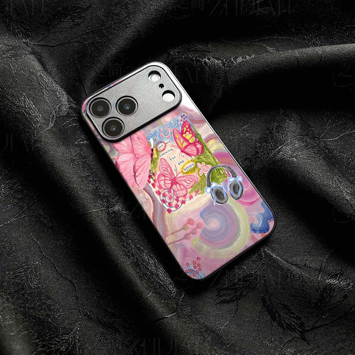 粉蝶耳机磁吸磨砂黑框电镀玻璃手机壳适用苹果iphone17promax华为荣耀90PRO小米CIVI4PROVIVOS18E红米K60E