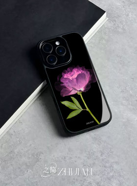 之简ZHIJIAN《紫艳牡丹》玻璃亮面磨砂手机壳新款小众不撞壳适用苹果17promaxIQOO13MATE40E红米K60至尊OPPOA
